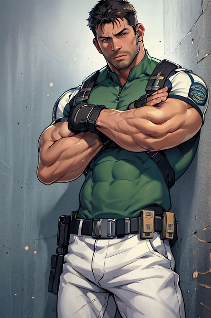 (masterpiece, best quality:1.2), cowboy shot, solo, male focus, 1boy, chris redfield, muscular male, looking at viewer, crossed arms,Hair on the chest
, white pants, (fingerless gloves:1.1), belt