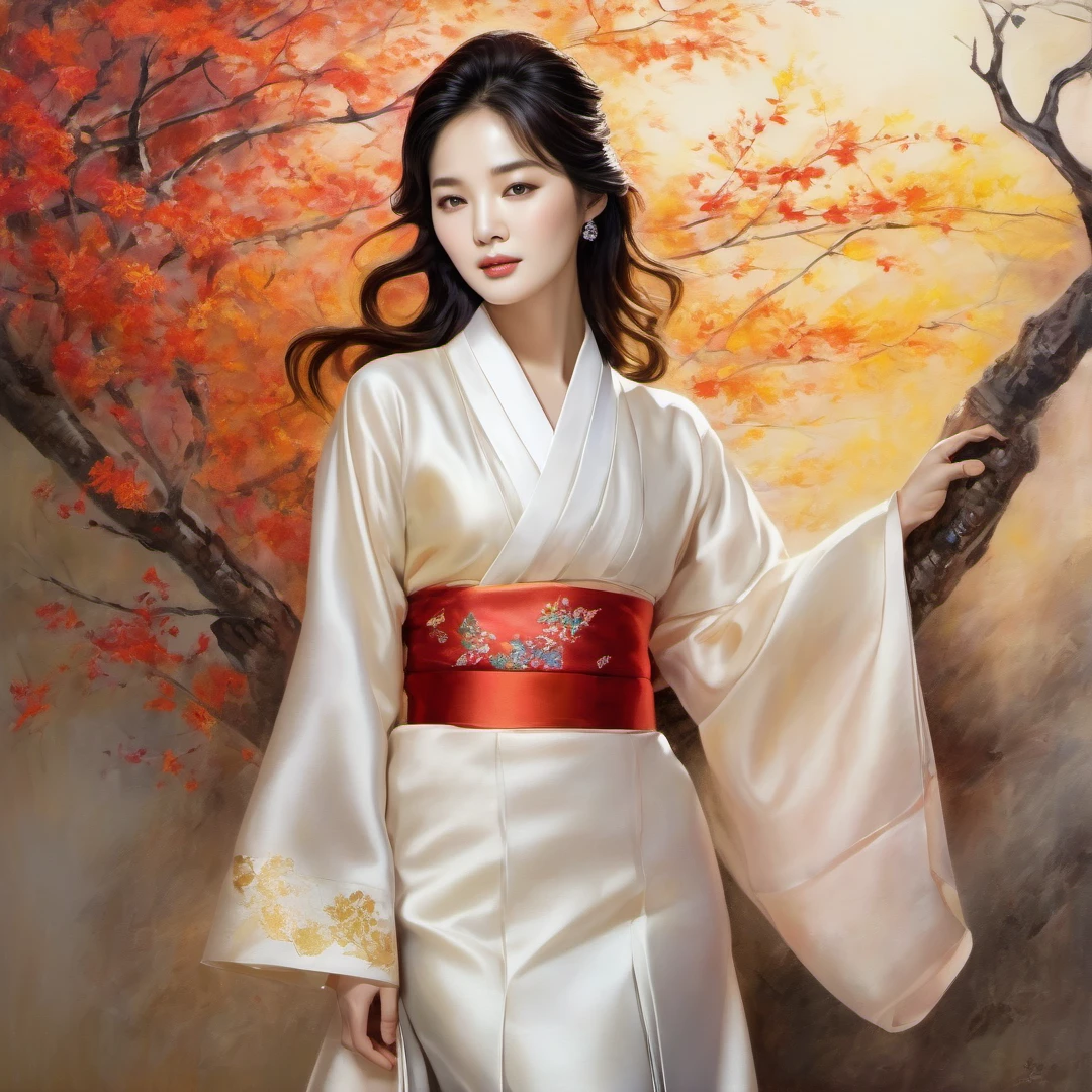 A stunning painting of Song Hye-kyo, renowned South Korean actress, model, and dancer, in a mesmerizing mahwa art style. She is dressed in a traditional Korean hanbok, her hands delicately tied together behind her wall high with a shimmering gold chain. The soft folds of her exquisite hanbok drape seductively over her body, accentuating her curves and revealing her toned thighs. Her head is slightly tilted back, and her eyes are closed, as if lost in the melody of an enchanting song. The background of the painting is a blend of vibrant reds, oranges, and yellows, creating a warm and inviting atmosphere that perfectly complements Song Hye-kyo's ethereal beauty. The contrast between her pale skin and the rich colors of her hanbok is striking, drawing the viewer's eye to every detail of her flawless features and alluring figure. The pose, with her hands tied behind her back wall, adds a sense of vulnerability and intimacy to the image, making it both alluring and captivating.