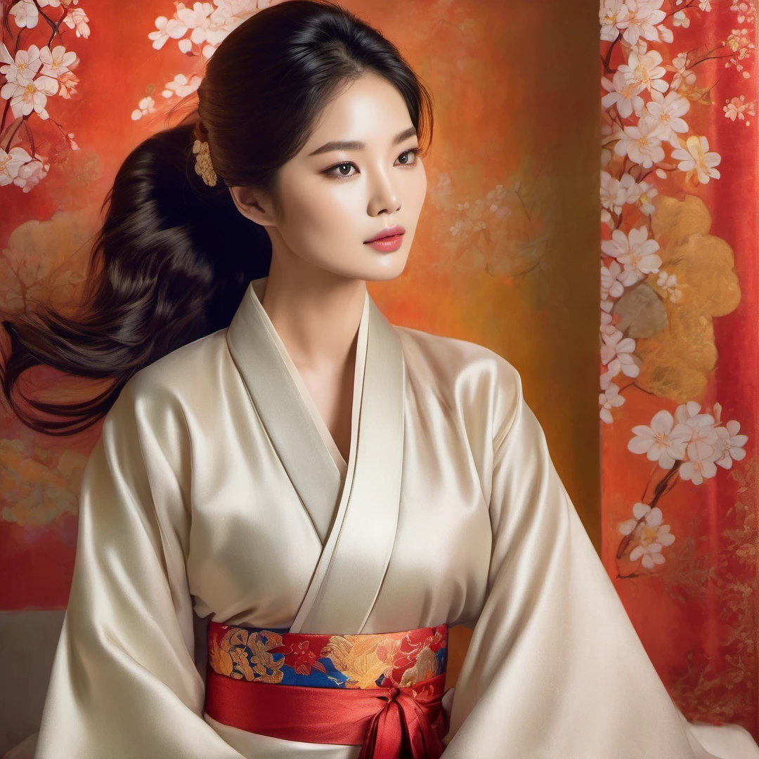 A stunning painting of Song Hye-kyo, renowned South Korean actress, model, and dancer, in a mesmerizing mahwa art style. She is dressed in a traditional Korean hanbok, her hands delicately tied together behind her wall high with a shimmering gold chain. The soft folds of her exquisite hanbok drape seductively over her body, accentuating her curves and revealing her toned thighs. Her head is slightly tilted back, and her eyes are closed, as if lost in the melody of an enchanting song. The background of the painting is a blend of vibrant reds, oranges, and yellows, creating a warm and inviting atmosphere that perfectly complements Song Hye-kyo's ethereal beauty. The contrast between her pale skin and the rich colors of her hanbok is striking, drawing the viewer's eye to every detail of her flawless features and alluring figure. The pose, with her hands tied behind her back wall, adds a sense of vulnerability and intimacy to the image, making it both alluring and captivating.