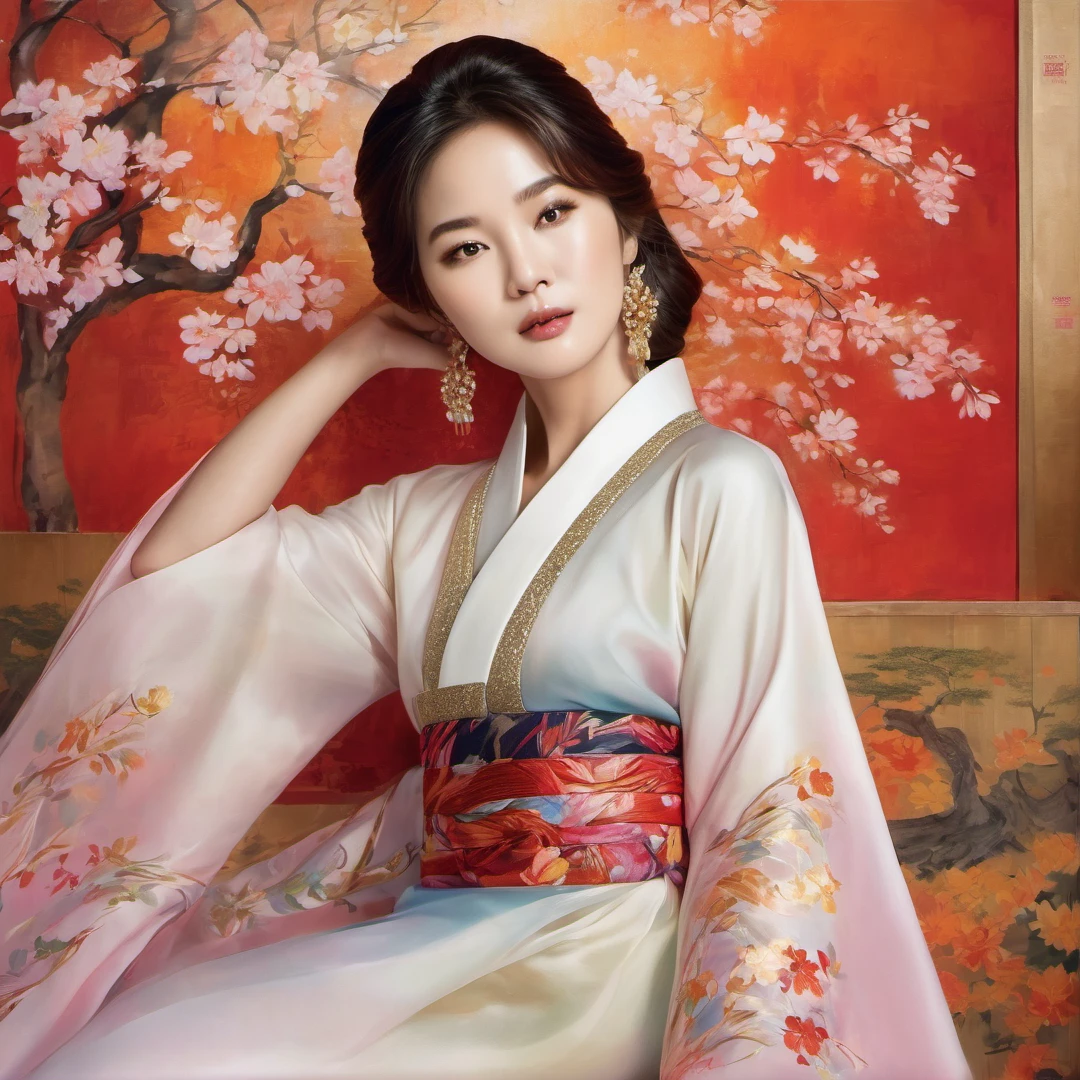 A stunning painting of Song Hye-kyo, renowned South Korean actress, model, and dancer, in a mesmerizing mahwa art style. She is dressed in a traditional Korean hanbok, her hands delicately tied together behind her wall high with a shimmering gold chain. The soft folds of her exquisite hanbok drape seductively over her body, accentuating her curves and revealing her toned thighs. Her head is slightly tilted back, and her eyes are closed, as if lost in the melody of an enchanting song. The background of the painting is a blend of vibrant reds, oranges, and yellows, creating a warm and inviting atmosphere that perfectly complements Song Hye-kyo's ethereal beauty. The contrast between her pale skin and the rich colors of her hanbok is striking, drawing the viewer's eye to every detail of her flawless features and alluring figure. The pose, with her hands tied behind her back wall, adds a sense of vulnerability and intimacy to the image, making it both alluring and captivating.