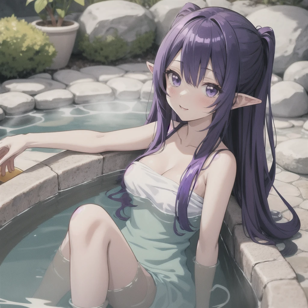 anime girl long purple hair{{Wrapped in a bath towel}}. she has pointy ears.Soak in a hot spring, Manga kawaii. iridescent ,An illustration