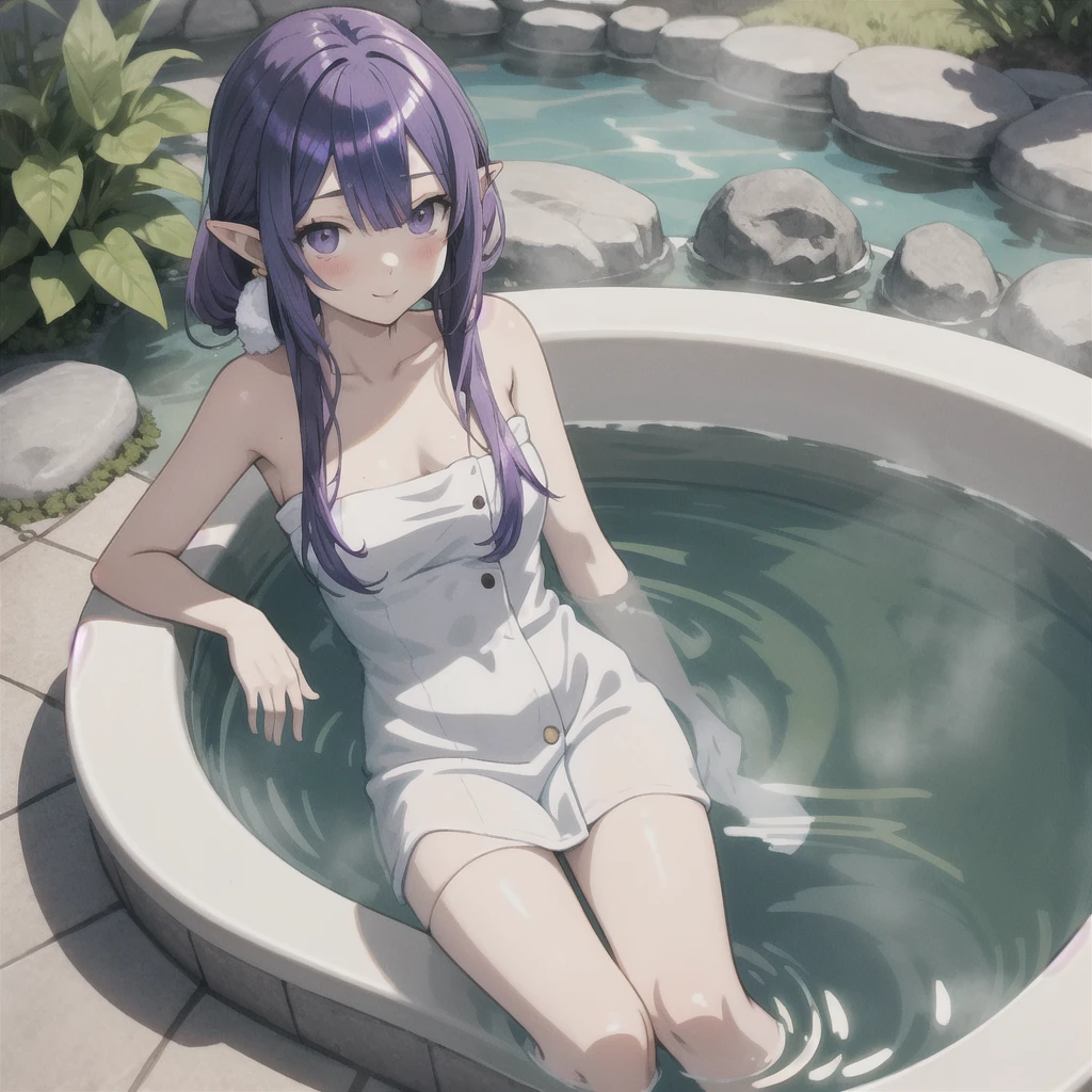 anime girl long purple hair{{Wrapped in a bath towel}}. she has pointy ears.Soak in a hot spring, Manga kawaii. iridescent ,An illustration