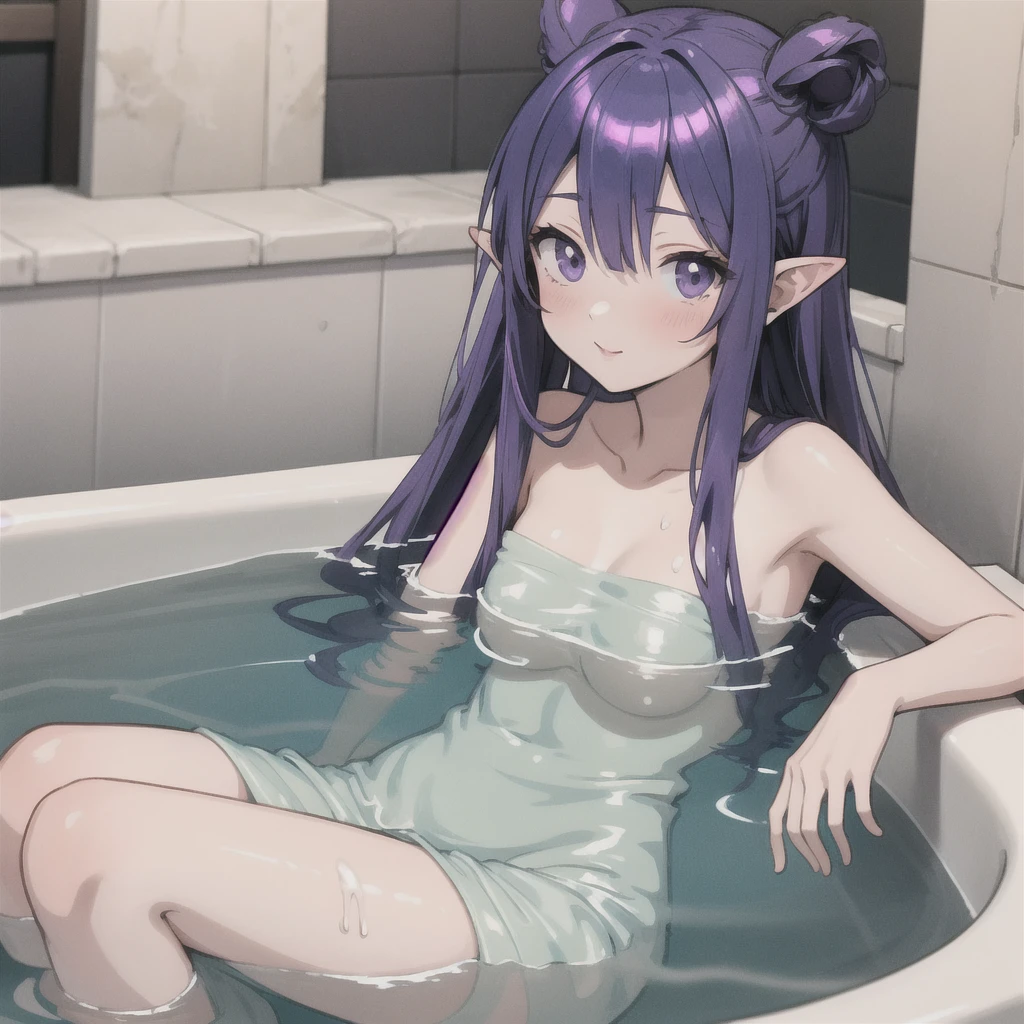 anime girl long purple hair{{Wrapped in a bath towel}}. she has pointy ears.Soak in a hot spring, Manga kawaii. iridescent ,An illustration