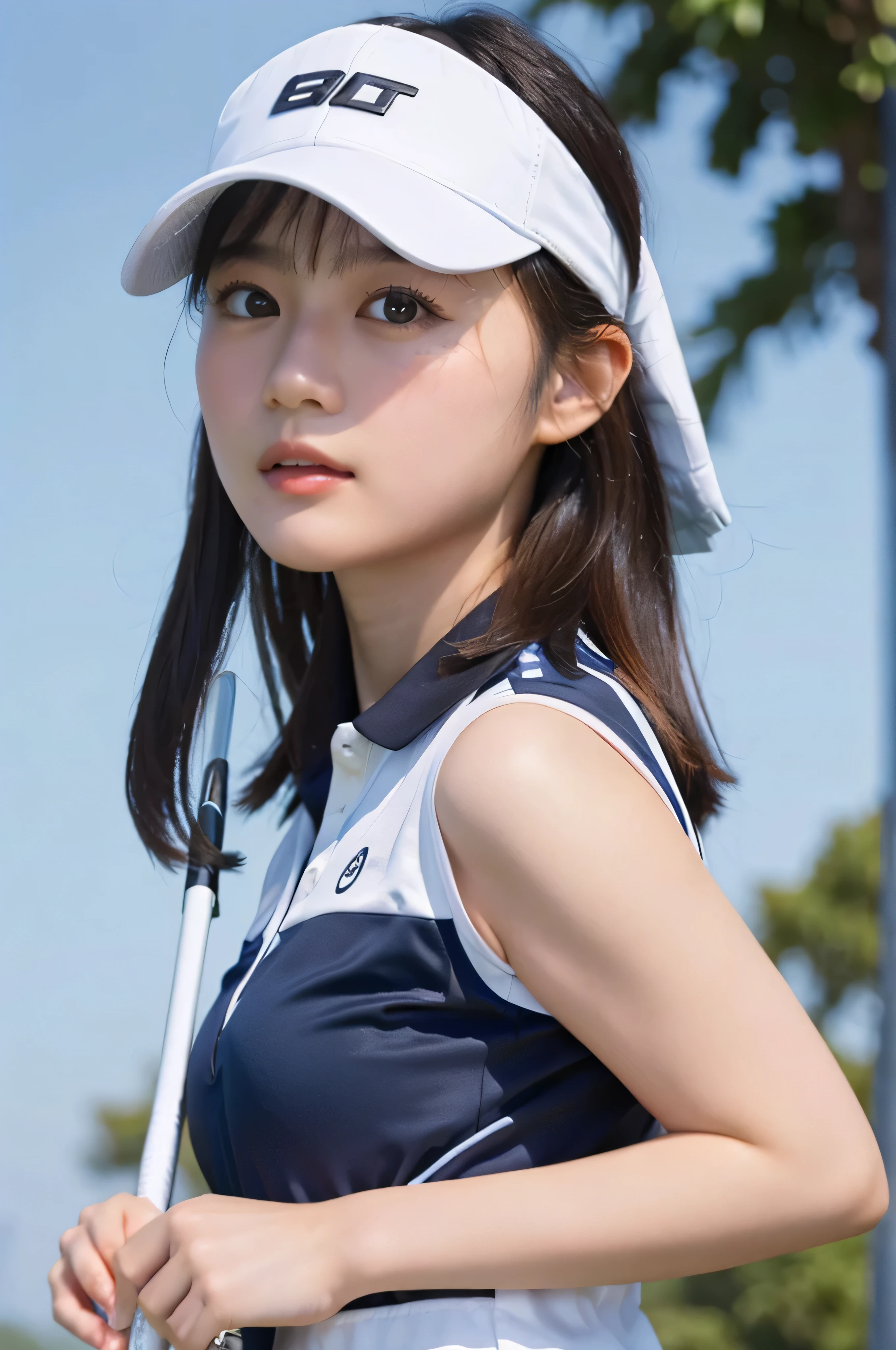 A 20-year-old woman wearing golf wear、Fair skin、Medium chest、Close-up、8k、cute、Hit the ball