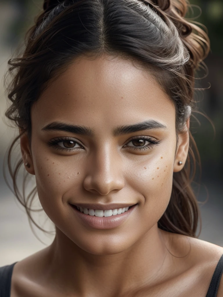 full portrait of a young latina, smiling, skin pores, dramatic lighting, ambient occlusion, high level of detail, intricate skin details, skin imperfections, beautiful face and fascinating eyes, sharp details, Hyper realistic, sharp focus, perfect detailed anatomy, perfect and detailed face, perfect details, eyes, Octane representation, 8k, Masterpiece, maximum quality.