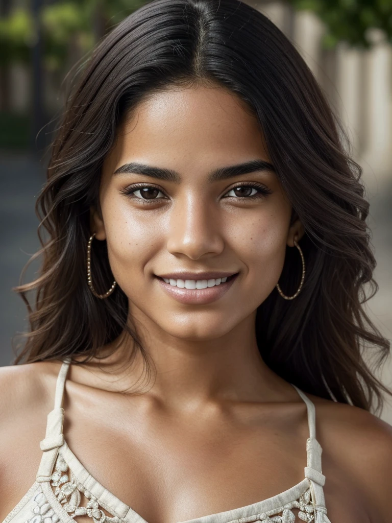full portrait of a young latina, smiling, skin pores, dramatic lighting, ambient occlusion, high level of detail, intricate skin details, skin imperfections, beautiful face and fascinating eyes, sharp details, Hyper realistic, sharp focus, perfect detailed anatomy, perfect and detailed face, perfect details, eyes, Octane representation, 8k, Masterpiece, maximum quality.