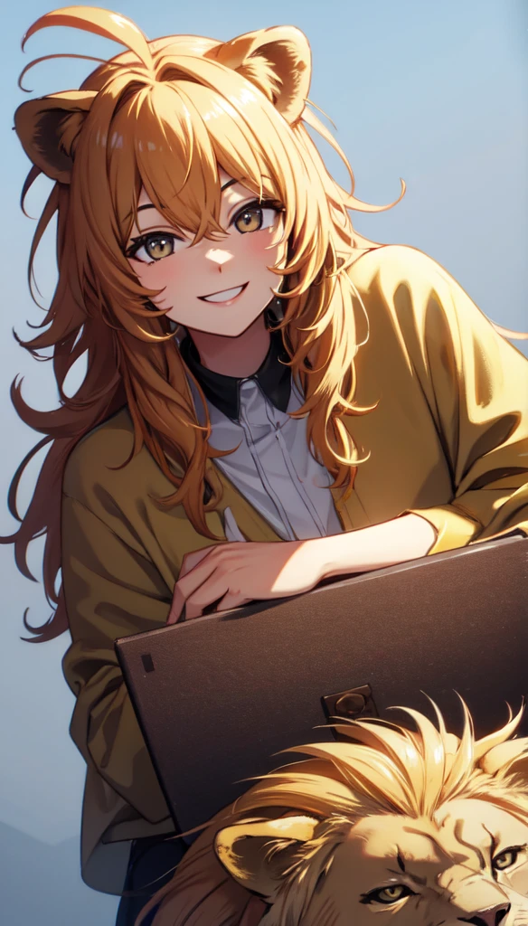 photo of lion, smiling ,8k uhd, high quality,