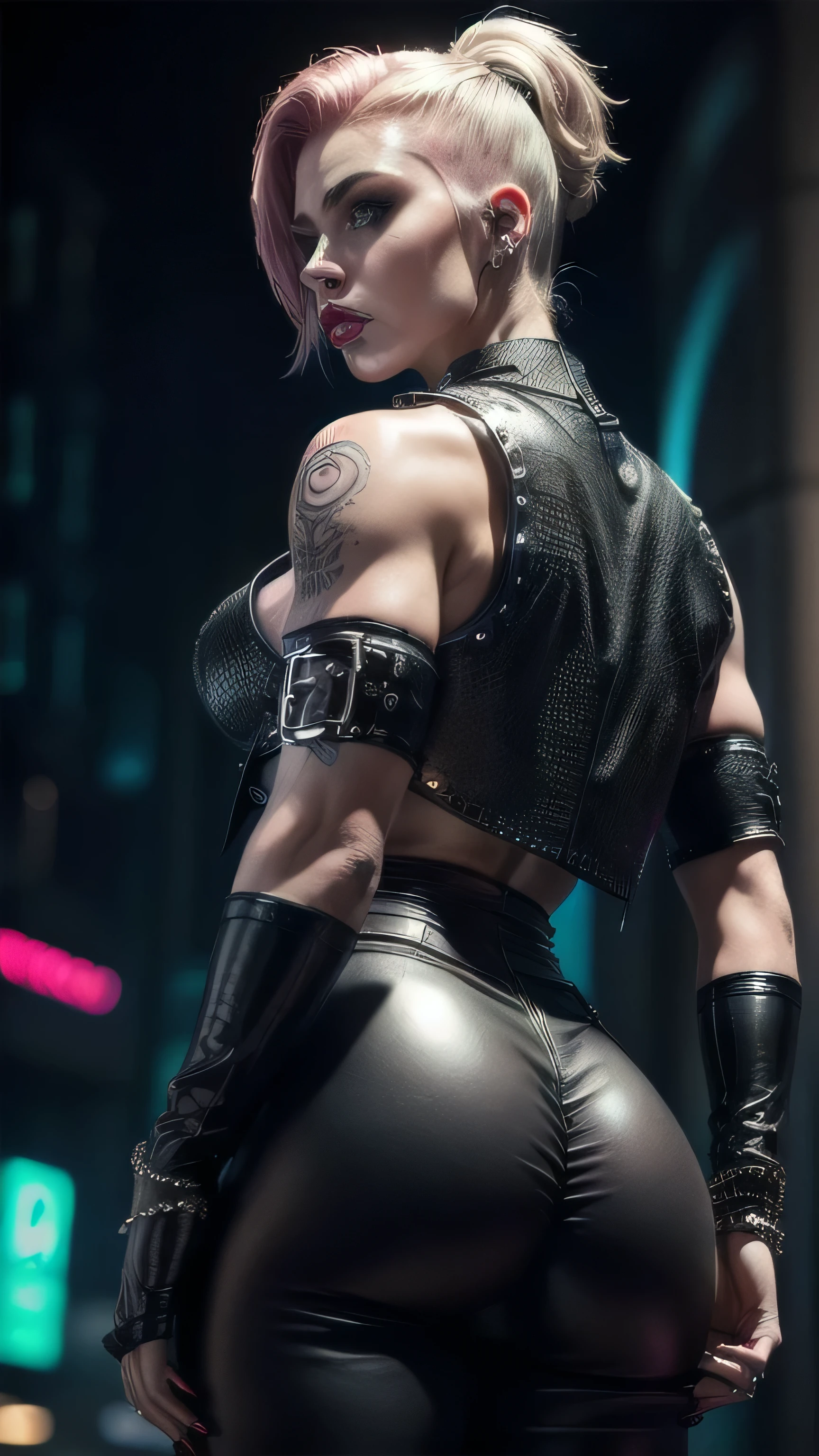 (masterpiece), (extremely intricate:1.3), (realistic), muscular bodybuilder girl, (((short undercut [blonde hair:pink hair:0.7], [flat chest:large breasts:0.6], upper body, makeup:1.6, leather pants, (perfectchainmail black duster vest), red lips, neon night, darkness, shadow, tattoo:1.4, rear view))), outdoors, metal reflections, ((((futuristic cyberpunk street, dangerous)))), professional photograph, sharp focus, dramatic, award winning, cinematic lighting, volumetrics dtx, (film grain, blurry background, blurry foreground, bokeh, depth of field), 8K