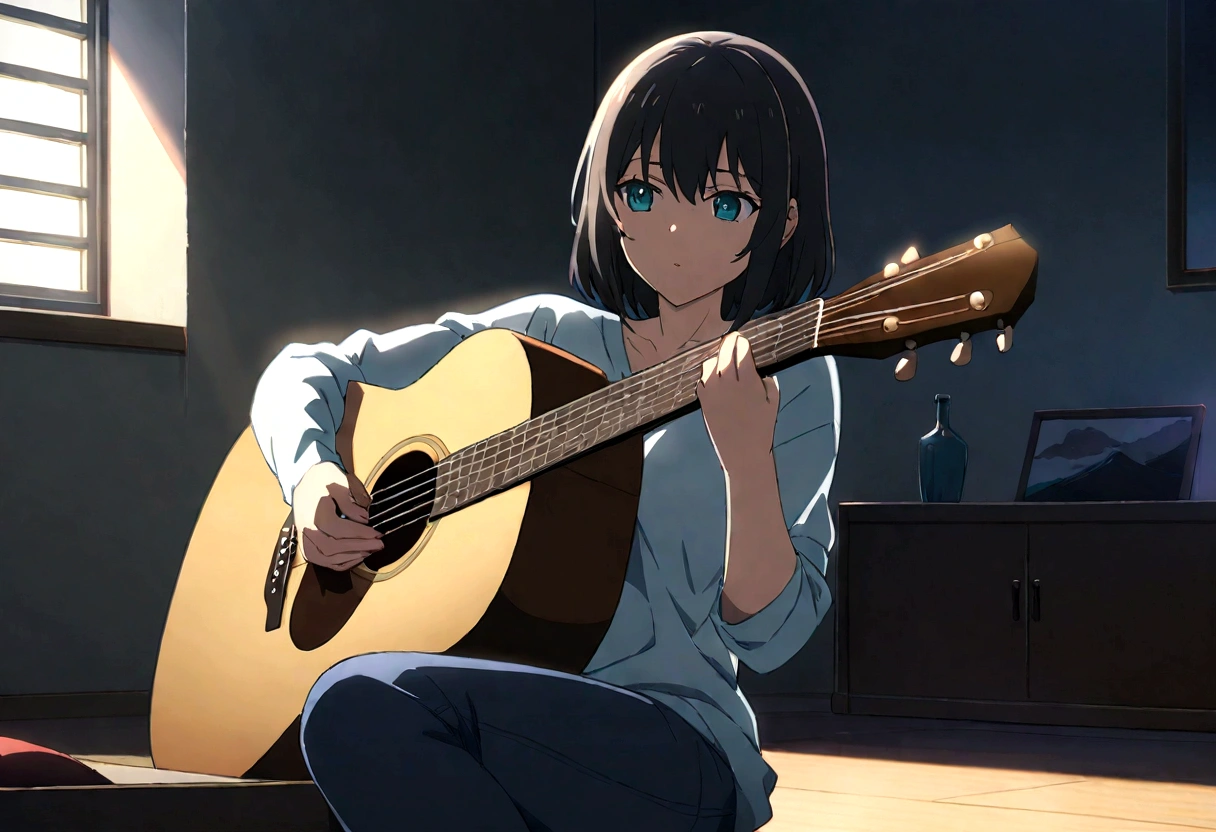 Dark-haired woman playing an acoustic guitar in a room,anime,masterpiece, Highest quality, High resolution,Xin Haicheng、
