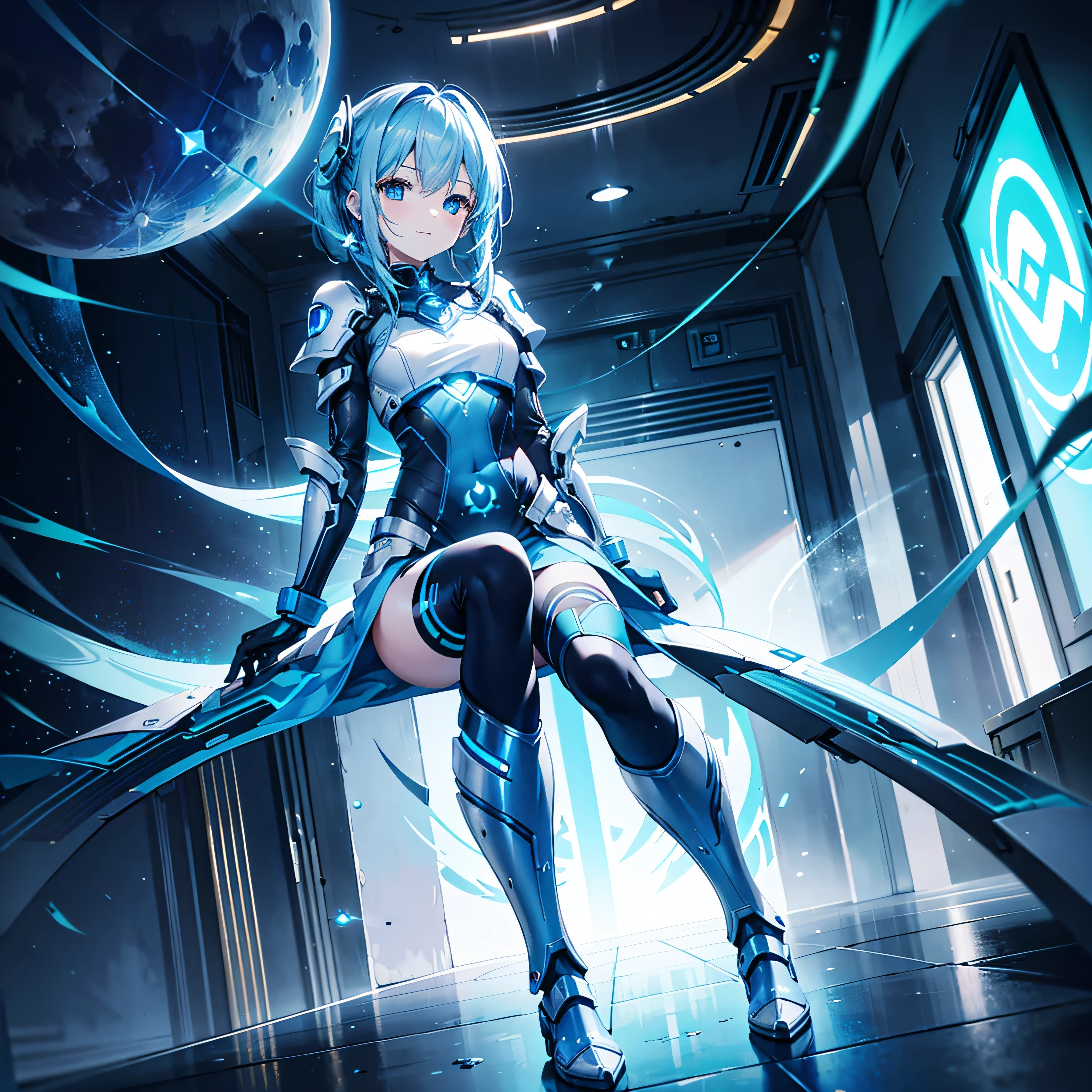 8K, Highest quality, (real:1.4), Original photo, 1 girl, Asari Hair, Biological Amplifier, Very sleek and futuristic armor, posture: Peace talks between warring factions,,attention arousal, smart blue eyes,A modest smile,Knee-high boots,Patent-look blue tights,Blue big moon and blue light swirl in the background,Blue light from behind,blue light magic,A small, glowing blue ball in the palm of your hand,Blue flame swirl,Blue Comet,Polished floor,