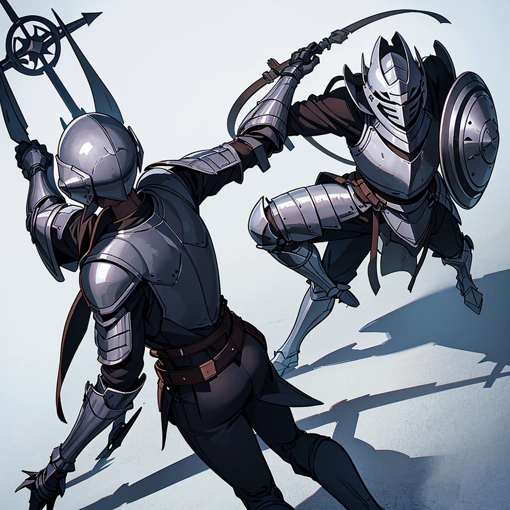 ((Full body character concept,、Full Body、Detailed character design))、(From the back、Back view、back)、Highest quality, Best Quality,Best illustrations、(((Iron Helmet))),Medieval Armor、Medieval Knight、Full grey armor、(((20-year-old male)))、Dramatic Angle、(battle)、battlefield、Movement angle、Grab the sword、wasteland、(Fighting stance)、Run、(((White background)))、(shieldを掴む、shield)、(From above at an angle)、50 people