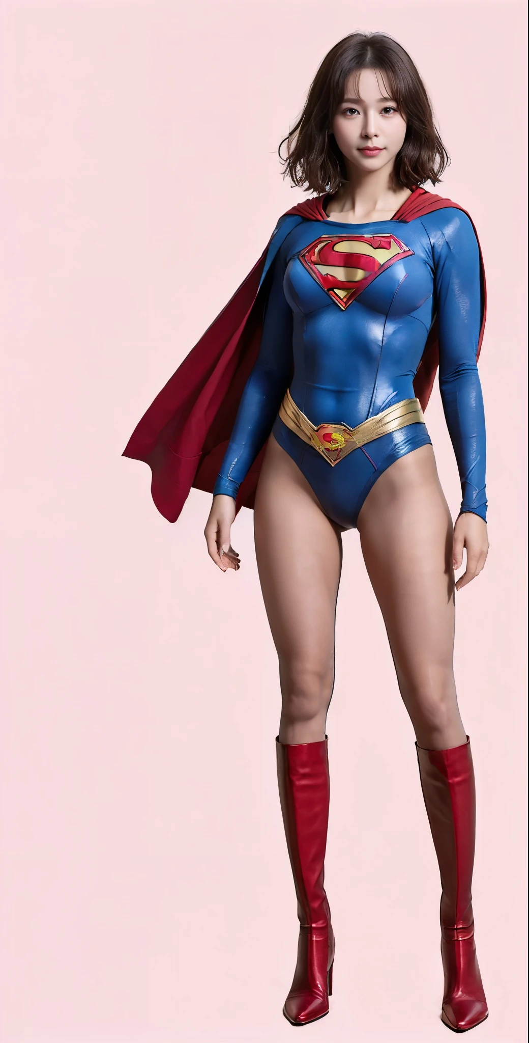 No background、(((Beautiful legs in black tights.)))、(((Legally express the beauty of your smile)))、((((Make the most of your original images)))、(((Supergirl Costume)))、(((Beautiful very short hair)))、(((suffering)))、(((Please wear black tights....、Wear red boots)))、((Best image quality、8K))、((Highest quality、8K、masterpiece:1.3))、(((Preserve background )))、Sharp focus:1.2、Beautiful woman with perfect figure:1.4、Slim Abs:1.2、Wet body:1.5、Highly detailed face and skin texture、8K