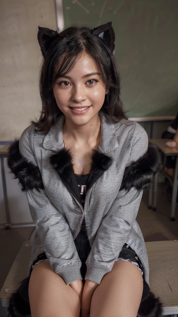 ((8k, RAW Photos, Superior quality, Masterpieces), High definition RAW color photos. Professional close-up photographs., (realist, photorealism: 1.37), (of the highest quality), (best shadows), (best illustrations), clavicles ((Big)), ((ultra high resolution, CG unified 8K HD wallpapers, Physically based representation, movie lighting), (Aegyo Sal:1), 18 year old girl, (Gray jacket, Love, socks, high school uniform: 1.2), Secondary classroom, Beautiful eye details, light in the face, ((full body shot: 1.2)), especially strong light, (superior eyes, smiling smile:1.2), shiny skin, (((black fur, by bob:1.2))), ulzzang-6500-v1.1:0.2, shy, (Flash:1.2), (swollen), ((seductive posture: 1.2, attractive: 1.2)), (idle), (sitting at a desk in the classroom: 1.2)), ((good anatomy: 1.2)), ((Bright and refreshing classroom, blurred background: 1.2)), Perfect face, Beautiful face, (High angle shot:1.2)
