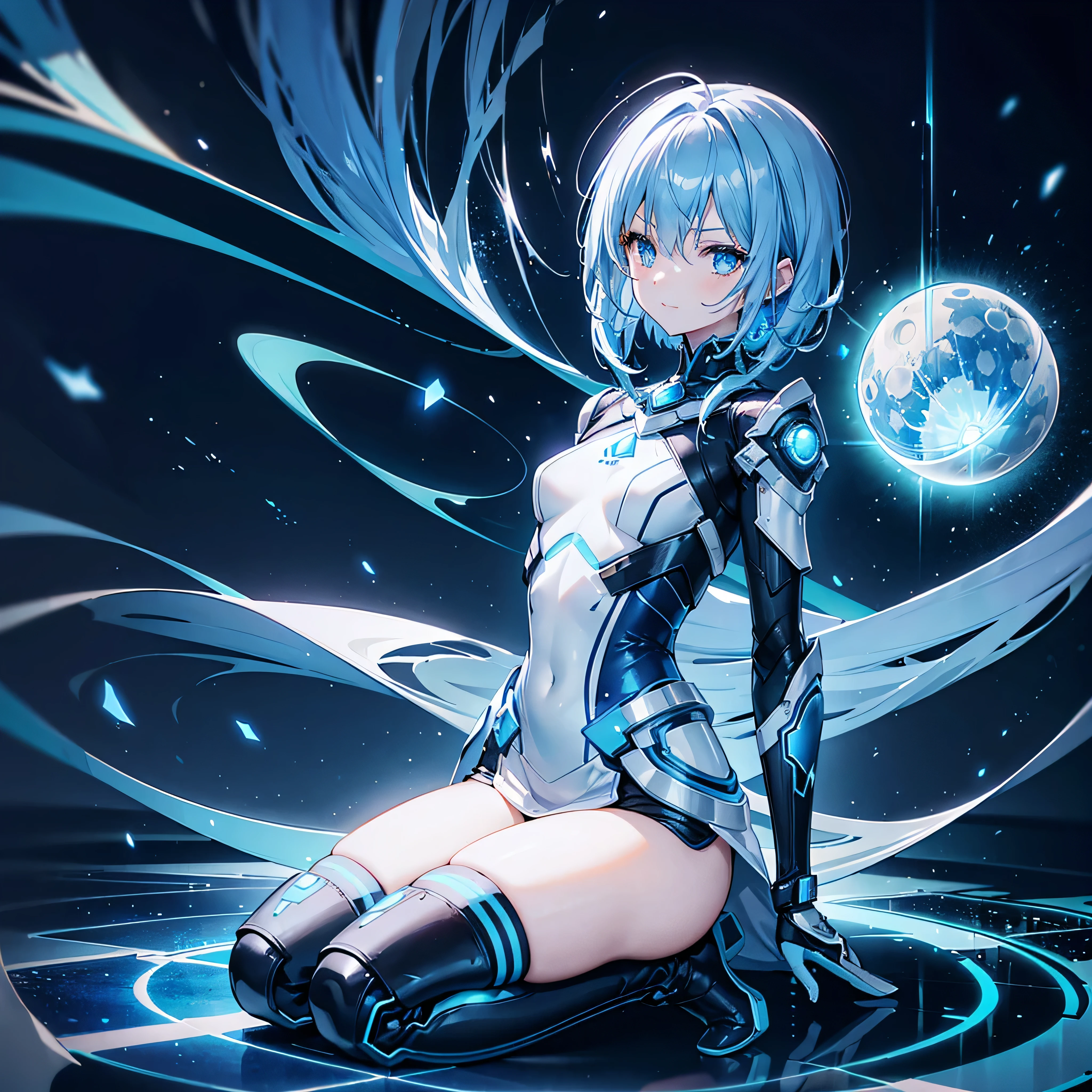 8K, Highest quality, (real:1.4), Original photo, 1 girl, Asari Hair, Biological Amplifier, Very sleek and futuristic armor, posture: Peace talks between warring factions,,attention arousal, smart blue eyes,A modest smile,Knee-high boots,Patent-look blue tights,Blue big moon and blue light swirl in the background,Blue light from behind,blue light magic,A small, glowing blue ball in the palm of your hand,Blue flame swirl,Blue Comet,Polished floor,