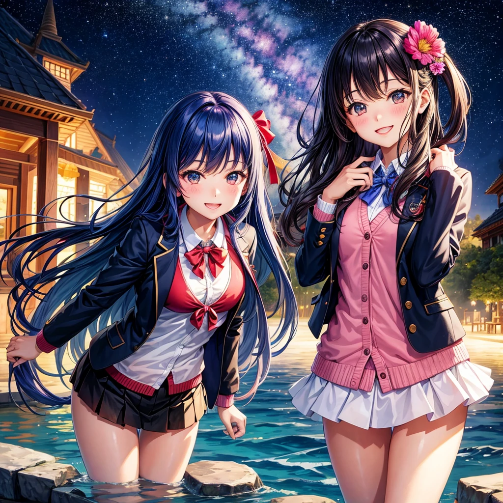 best quality,,smile,blazer,swimsuit,nepal,middle School girlultiple girls are depicted,harem,idol group,starry sky background,photo shoot,long hair,wearing a cardigan,beautiful girlの国,girl's paradise,highest quality,big breasts,leather jacket,happy girl,horny girl,blue eyes,perfect face,standing position,She has her bangs down,fur jacket,Beautiful eyes,smooth hair,perfect eyes,beautiful girl,Angel Girl,multicolored hair colors,naughty girl,beautiful,High-dimensional beautiful girl,Multidimensional beautiful girl,gathering,Group、,classroom,School,
