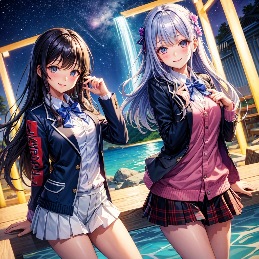 best quality,,smile,blazer,swimsuit,nepal,middle School girlultiple girls are depicted,harem,idol group,starry sky background,photo shoot,long hair,wearing a cardigan,beautiful girlの国,girl's paradise,highest quality,big breasts,leather jacket,happy girl,horny girl,blue eyes,perfect face,standing position,She has her bangs down,fur jacket,Beautiful eyes,smooth hair,perfect eyes,beautiful girl,Angel Girl,multicolored hair colors,naughty girl,beautiful,High-dimensional beautiful girl,Multidimensional beautiful girl,gathering,Group、,classroom,School,