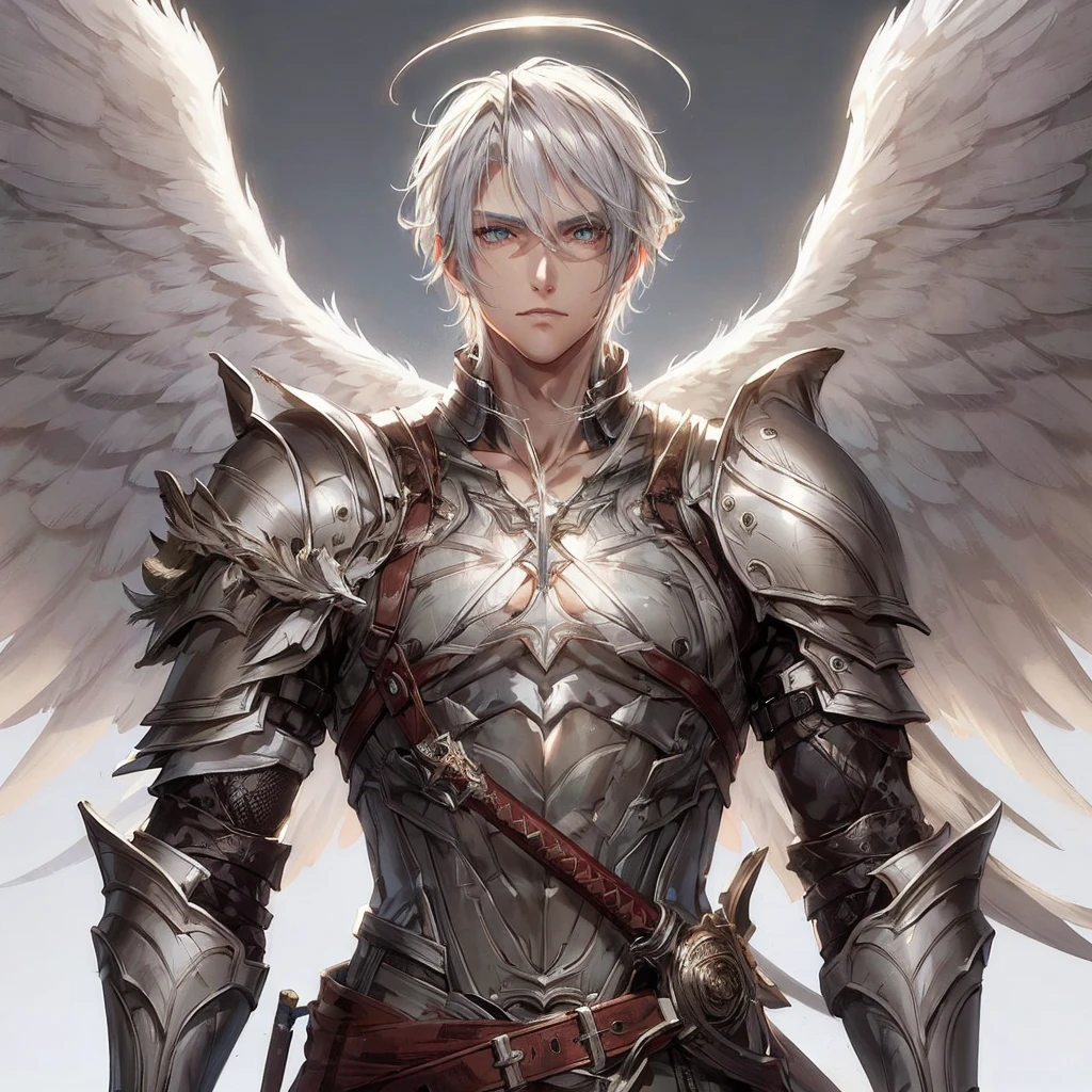 Highly detailed, High Quality, Masterpiece, beautiful,I want an image of a man with white hair and skin, who is attractive and has two angel wings and medieval armor and a long sword. I also want the eyes to be more detailed and the hair looks good. I want it short.