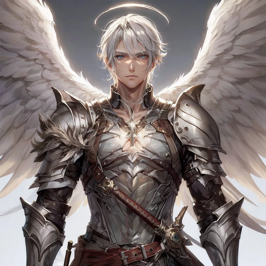 Highly detailed, High Quality, Masterpiece, beautiful,I want an image of a man with white hair and skin, who is attractive and has two angel wings and medieval armor and a long sword. I also want the eyes to be more detailed and the hair looks good. I want it short.