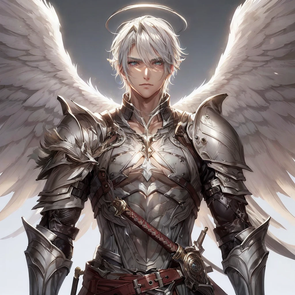 Highly detailed, High Quality, Masterpiece, beautiful,I want an image of a man with white hair and skin, who is attractive and has two angel wings and medieval armor and a long sword. I also want the eyes to be more detailed and the hair looks good. I want it short.