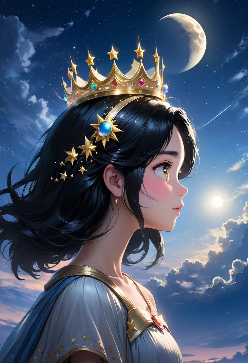 universe (sky), girl in the center, con brillo estrellas en el sky, evening, 1 black hair girl with crown,evening sky, Alone, outdoor,, wide, looking at the moon in profile,moon