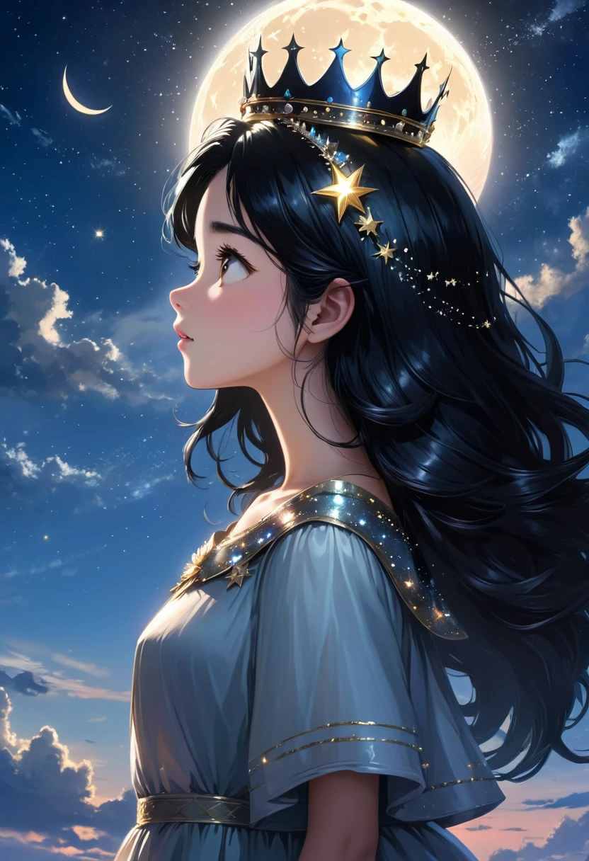 universe (sky), girl in the center, con brillo estrellas en el sky, evening, 1 black hair girl with crown,evening sky, Alone, outdoor,, wide, looking at the moon in profile,moon
