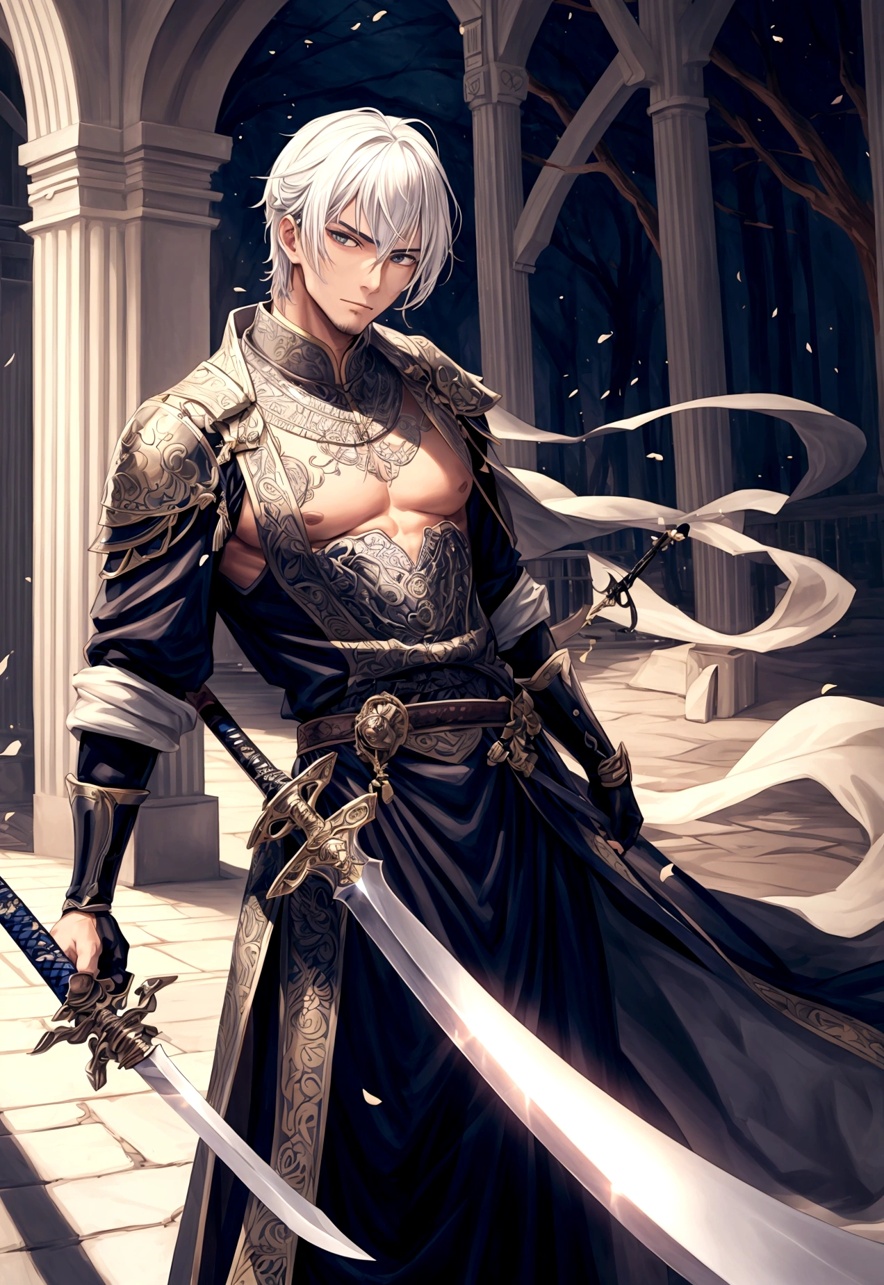 A man with a sword,With many beautiful women