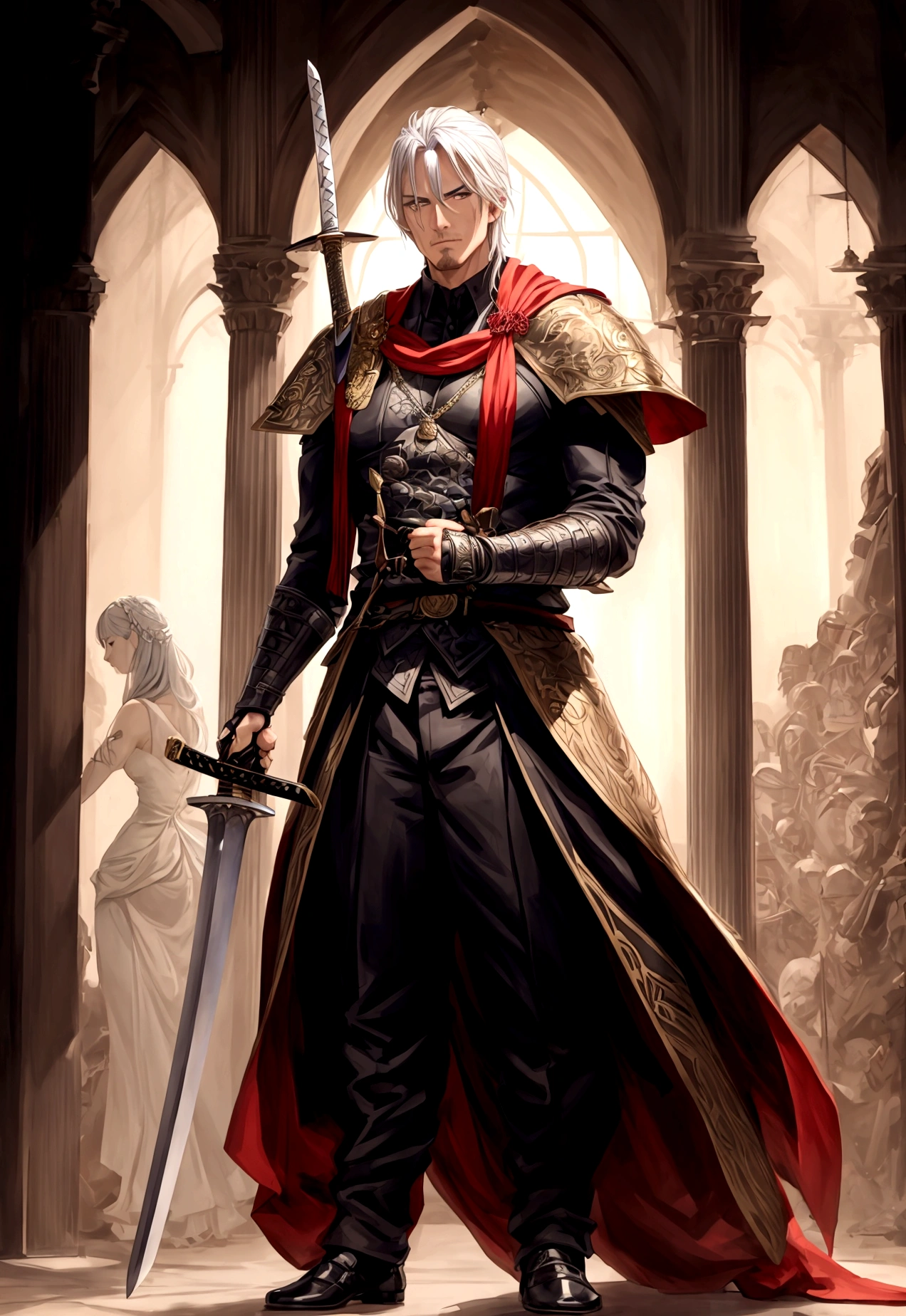 A man with a sword，With many beautiful women