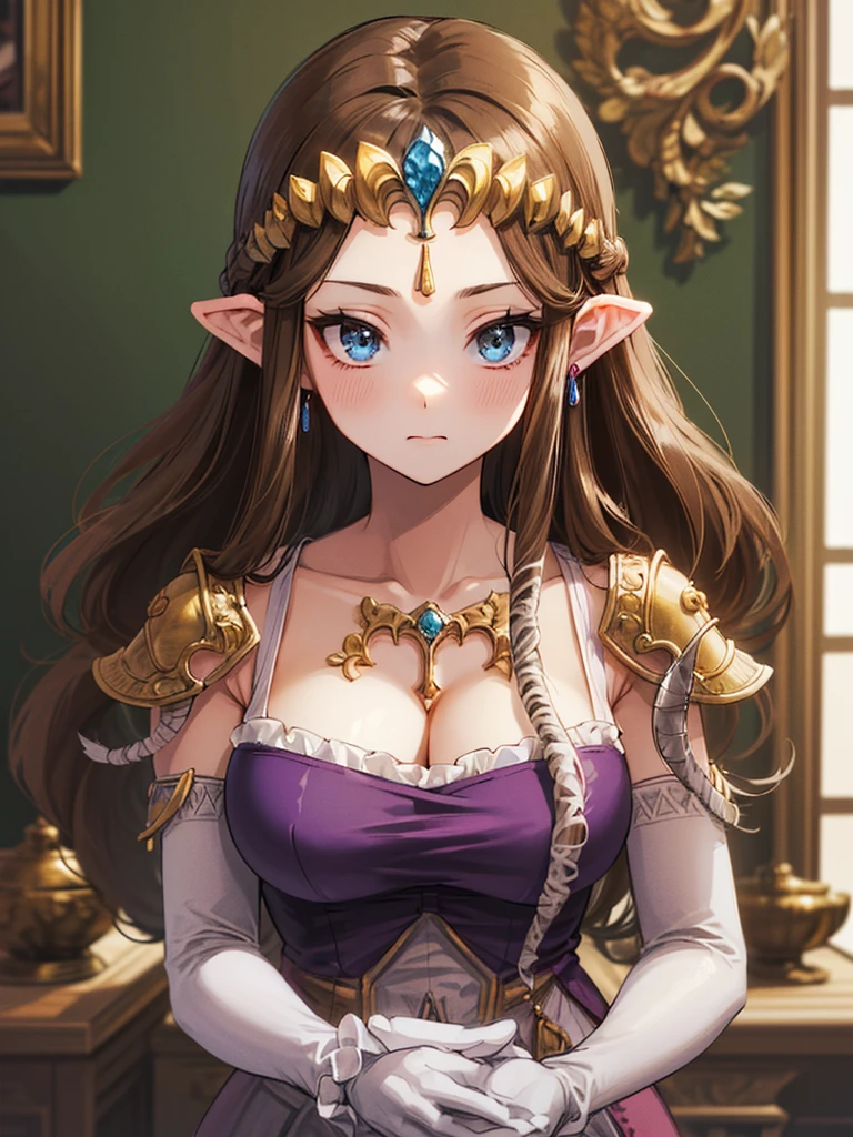 (((Face close-up))),(((No background))),(Expressionless),((((Please lift your skirt)))))),((Upper Body)),((alone)),((Place your hand on your chest))),Anime art style,masterpiece,(Highest quality), (Super detailed),(Very delicate and beautiful),(alone),(detailedな顔と目),Beautiful eyes like jewels,(A truly gorgeous jeweled ruffled rococo ball gown dress),(((Mature Woman,Queen))),((1 Queen in a beautiful embroidery and jeweled absolutely gorgeous rococo ballgown dress with voluminous full length hoop skirt)),((crinoline)),,((Straight hair galore,Very long straight hair with plenty of volume,Super long straight hair)),,Cleavage,(bed),length_gloves,Very gorgeous hair accessory,Sparkling、((((Front Face)))),((((Adult Expressions)))),((((Beautiful Face)))),((((dress)))),(()),(((Long Hair)))),((((Straight hair)))),((Cleavage)),((((Dark brown hair)))),Princess Zelda,((chest is slightly exposed)), ((Highest quality)),,(Very detailed) ,((Purple blouse)),((Scraping hair)),Brown Hair,((Embarrassed look)),, ((Highest quality)), (Very detailed),((detailed)),(((pray))),Nintendo, The Legend of Zelda),,((alone)), ((Highest quality)), (Very detailed), ,