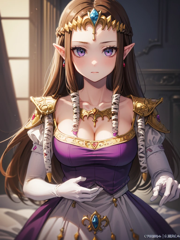 (((Face close-up))),(((No background))),(Expressionless),((((Please lift your skirt)))))),((Upper Body)),((alone)),((Place your hand on your chest))),Anime art style,masterpiece,(Highest quality), (Super detailed),(Very delicate and beautiful),(alone),(detailedな顔と目),Beautiful eyes like jewels,(A truly gorgeous jeweled ruffled rococo ball gown dress),(((Mature Woman,Queen))),((1 Queen in a beautiful embroidery and jeweled absolutely gorgeous rococo ballgown dress with voluminous full length hoop skirt)),((crinoline)),,((Straight hair galore,Very long straight hair with plenty of volume,Super long straight hair)),,Cleavage,(bed),length_gloves,Very gorgeous hair accessory,Sparkling、((((Front Face)))),((((Adult Expressions)))),((((Beautiful Face)))),((((dress)))),(()),(((Long Hair)))),((((Straight hair)))),((Cleavage)),((((Dark brown hair)))),Princess Zelda,((chest is slightly exposed)), ((Highest quality)),,(Very detailed) ,((Purple blouse)),((Scraping hair)),Brown Hair,((Embarrassed look)),, ((Highest quality)), (Very detailed),((detailed)),(((pray))),Nintendo, The Legend of Zelda),,((alone)), ((Highest quality)), (Very detailed), ,