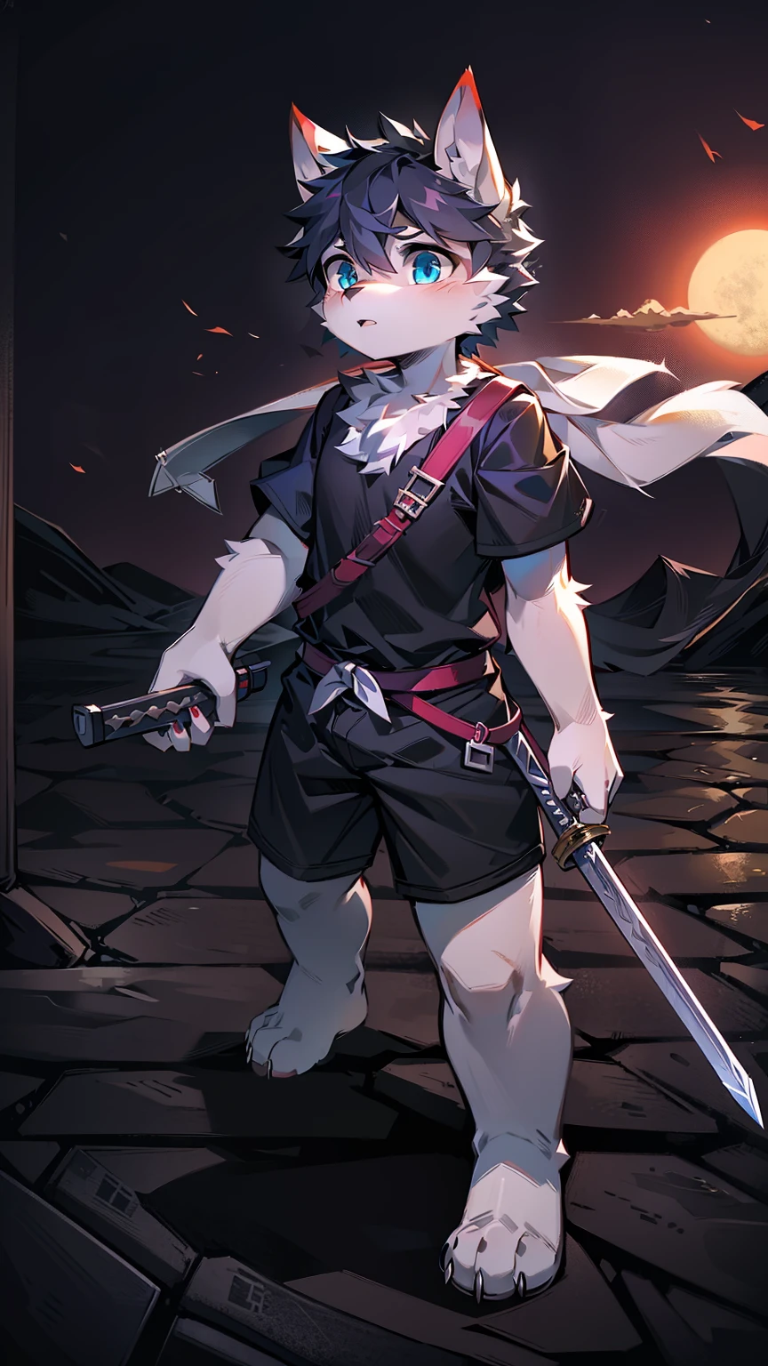 White Wolf,black hair,Sky blue eyes,hairy,Wolf ears,Wolf tail,Full body portrait,The character is in the center of the frame,Handsome,Confident eyes,male,juvenile,Black and white combat uniform,Red neck bib,Black shorts,Short sleeve,hairy arms and legs,Dark background,Dark battlefield,dawn,sunrise,dawn,illumination,shadow,Swordsman,Scabbard and sword,Hold the hilt of a sword in your hand,The scabbard is at the waist,Highest quality