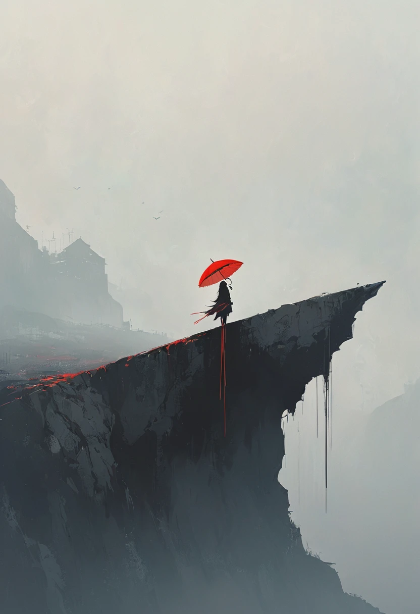 a simple,minimalist illustration, 1 red umbrella suspended in the air,tassels on the umbrella,solitary figure,on a cliff edge,bridge