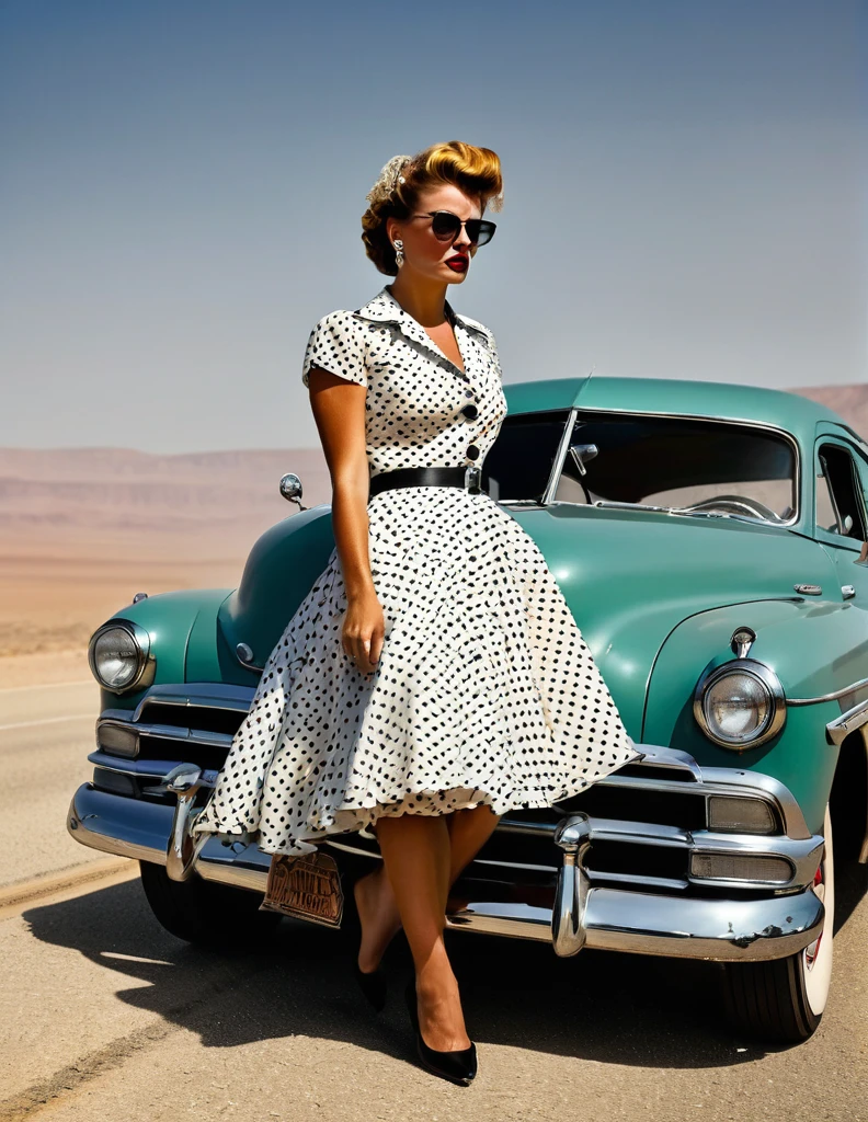 1950s style, angry [woman:Maude Adams:0.1] in a polka dot dress, leaving her broke down and steam comes out of her Hudson Hornet classic car, walking towards camera, fists clenched, empty highway in the desert, perfect face, ultra sharp focus, high quality, ultra high resolution, cinematic, masterpiece, Annie Leibovitz Photography Style