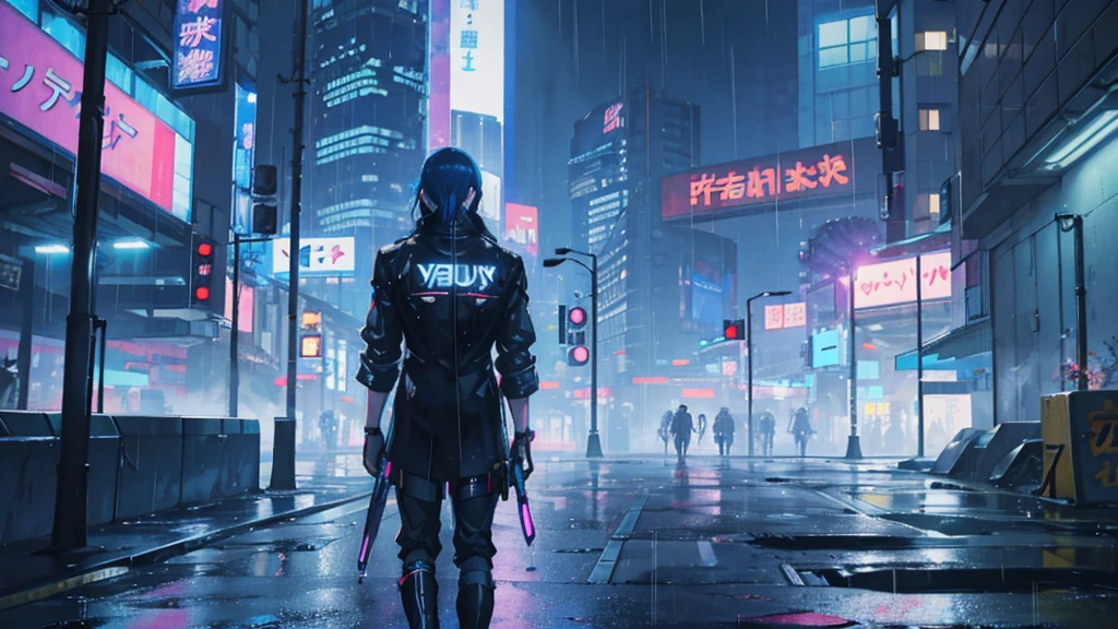 Cyberpunk City, Futuristic, heavy rain, 8K, アニメ壁紙 8K, Absurd, Super sharp, night, street, Japan, Blue atmosphere, raindrop, Rain-soaked body