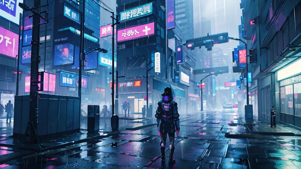 Cyberpunk City, Futuristic, heavy rain, 8K, アニメ壁紙 8K, Absurd, Super sharp, night, street, Japan, Blue atmosphere, raindrop, Rain-soaked body