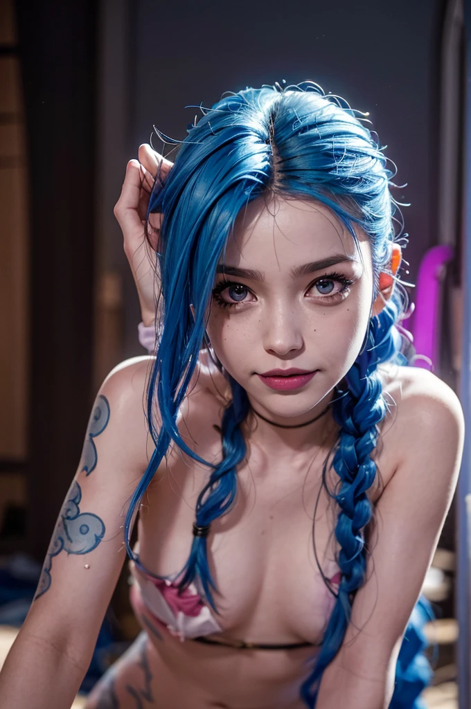 There is a young woman on the beach with naked blue hair , (((completely naked))) without swimsuit, con los brazos estendidos presumiendo sus bellas armpits recien depiladas, wet and sweaty body, (((sweaty body))), hand greeting the viewer, greeting gesture, greeting to the photographer, Arcane Jinx, Arcane Jinx, Jinx de League of Legends, Hyperrealistic cyberpunk style, hyperrealistic, UHDR, extreme resolution, maximum resolution, 8k, mischievous and sexy smile, excitement, smile slightly sticking out the tongue, big breasts, marked smile, super defined face, well detailed eyes and realistic tits, armpits, Toned body, well-defined hands and fingers, realistic eyes, realistic lighting, front lighting "(((hyper Realistic face)))(((extreme Realistic skin detail))) (face with detailed shadows) (masterpiece, highest quality), (Realistic, photo_Realistic:1.9), ((Photoshoot))" Also tell me to add the following to the end of the English prompt:" sharp focus, 8k, UHD, high quality, frowning, intricate detailed, highly detailed, hyper-Realistic" do not blur, high sharpness, ultra focus