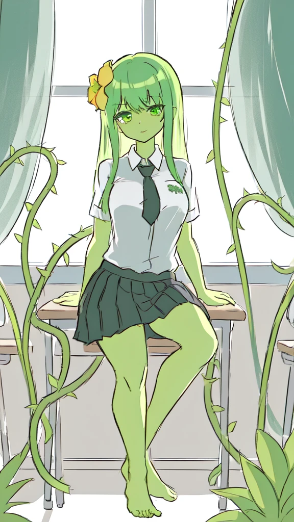1girl,20s,adult,madure female,, alraune, white shirt,short sleeves,black standard tie,black school skirt,green hair,long hairmflower, vines on body, full body, classroom,(greenskin)