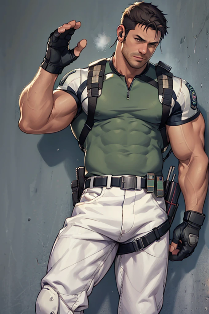 (masterpiece, best quality:1.2), cowboy shot, solo, male focus, 1boy, chris redfield, muscular male,Hair on the chest
, white pants, (fingerless gloves:1.1), belt