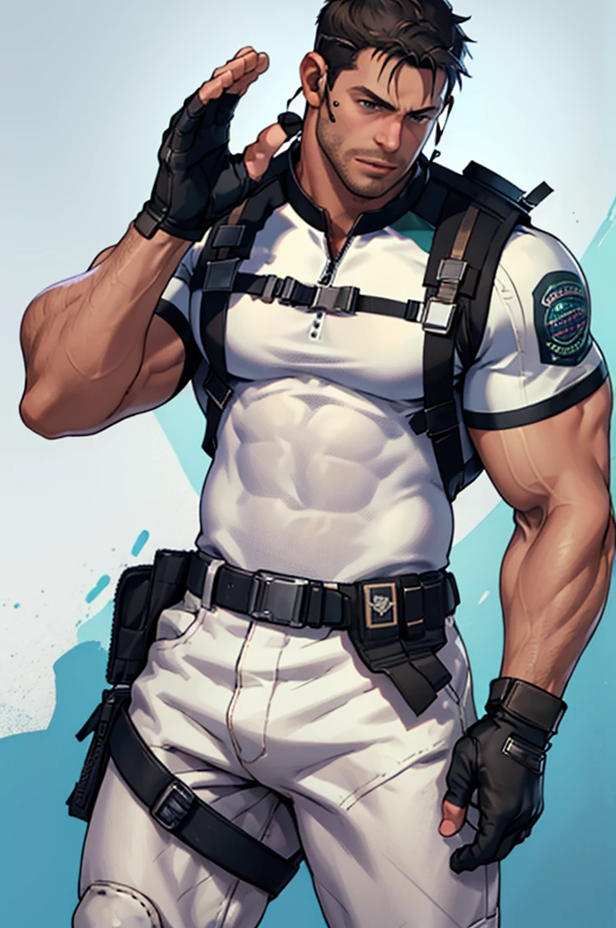 (masterpiece, best quality:1.2), cowboy shot, solo, male focus, 1boy, chris redfield, muscular male,Hair on the chest
, white pants, (fingerless gloves:1.1), belt