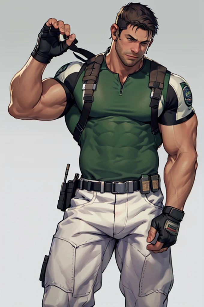 (masterpiece, best quality:1.2), cowboy shot, solo, male focus, 1boy, chris redfield, muscular male,Hair on the chest
, white pants, (fingerless gloves:1.1), belt