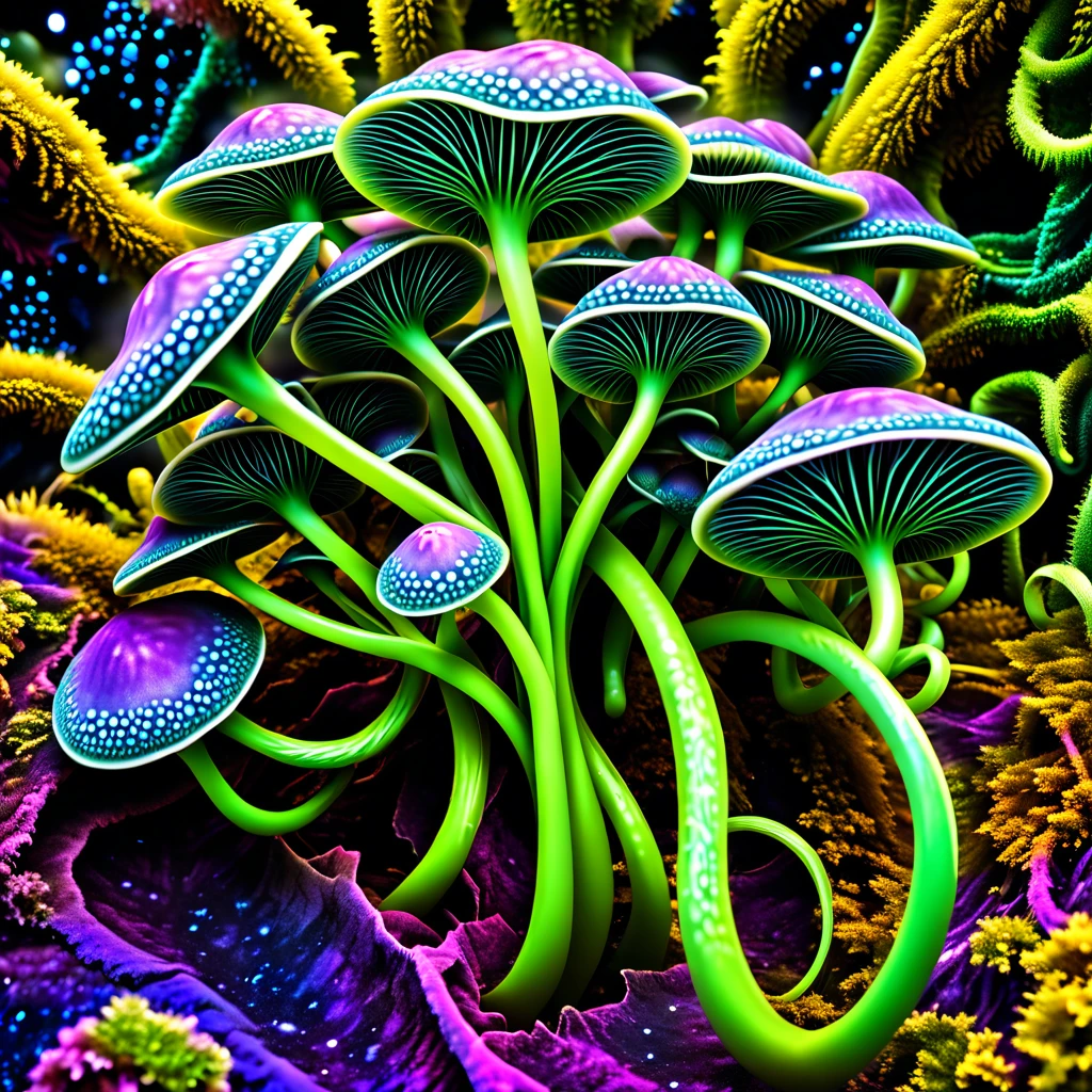 there is a very strange looking plant with a very long stem, alien flora, alien flora and fauna, colorful alien flora, fungus and plants, alien plant, simulacrum of a space fungus, fractal fungus, intricate alien botanicals, fantasy magical vegetation, alien plants, ( ( fantasy plants ) ), alien plant from alpha centauri, an alien mushroom with tentacles