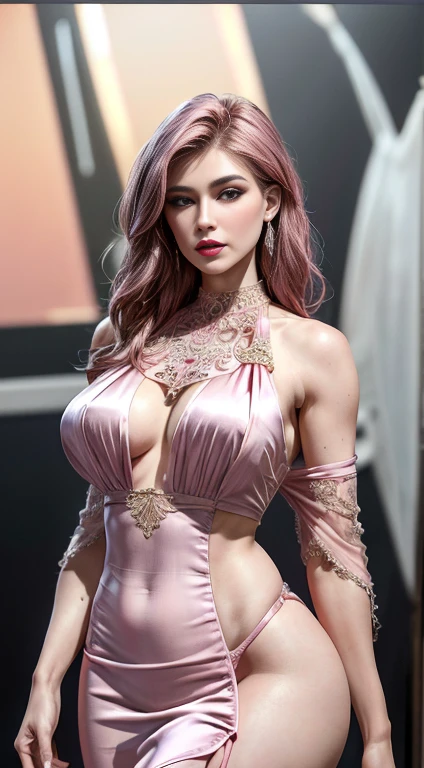 (Masterpiece:1.2, Best quality), Realistic, (Real picture, Intricate details, Depth of field), parted lips,highly detailed, Perfect face, Perfect body, Large models,Wearing(Lipstick Pink Silk Halter-Neck Net High-Slit Evening Dress:1.3),
Mature woman, Tall, Long legs,
Natural background bokeh,