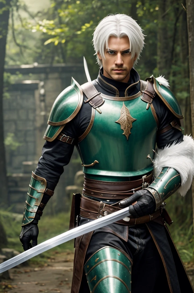 A male character name who has white hair who has green eyes who has leather armor and a katana

