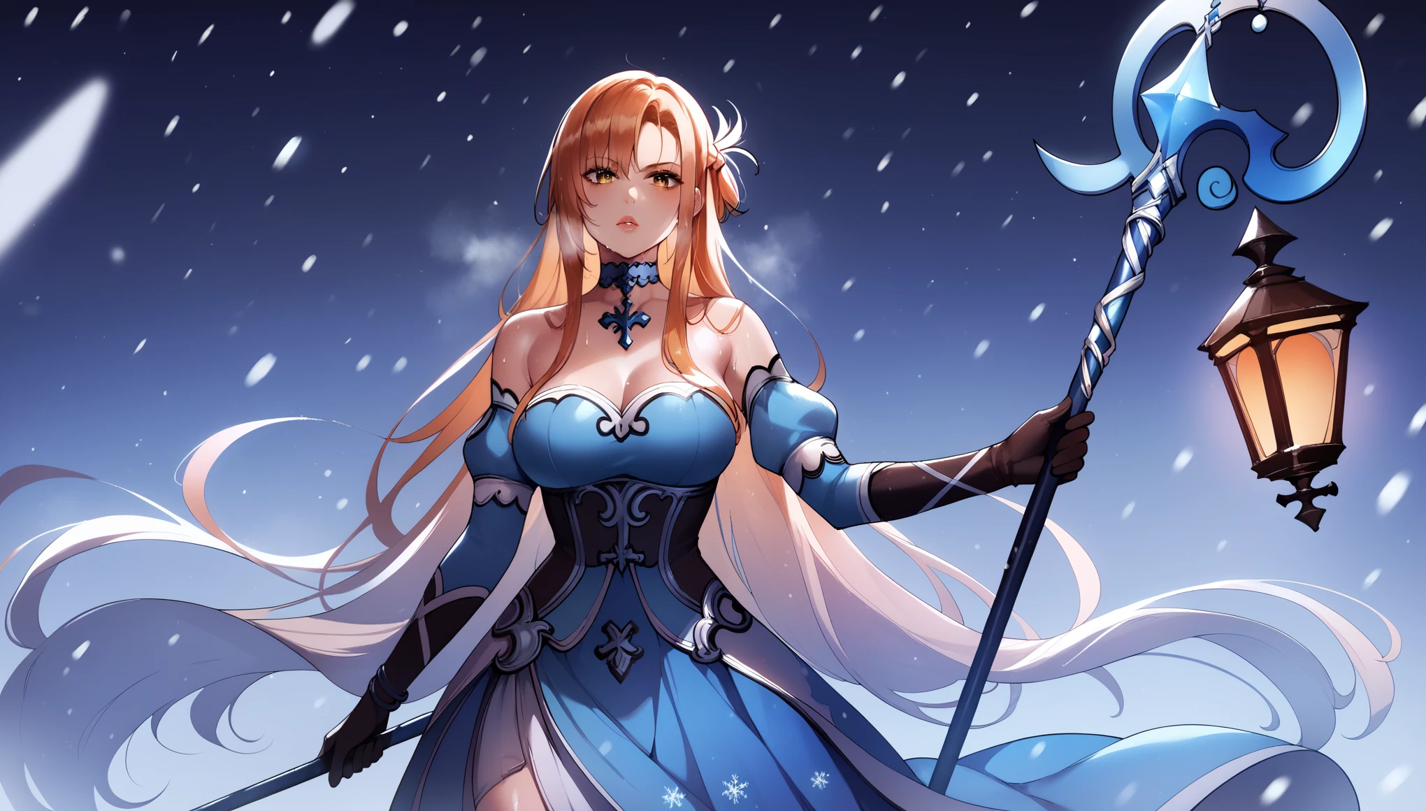 score_9, score_8_up, score_7_up, score_6_up, uncensored, Yuuki Asuna, absurdly long hair, orange eyes, orange hair, very long hair, lips, shiny skin, sweating, wet, wet hair, steaming body, heavy breathing, large breasts, detailed body, detailed eyes, expressionless, glaring eyes, 1girl, staff, solo, snowing, bare_shoulders, breasts, gloves, jewelry, holding_staff, snow, blue_dress, detached_sleeves, snowflakes, holding, strapless_dress, choker, strapless, looking_at_viewer, holding_staff, standing,