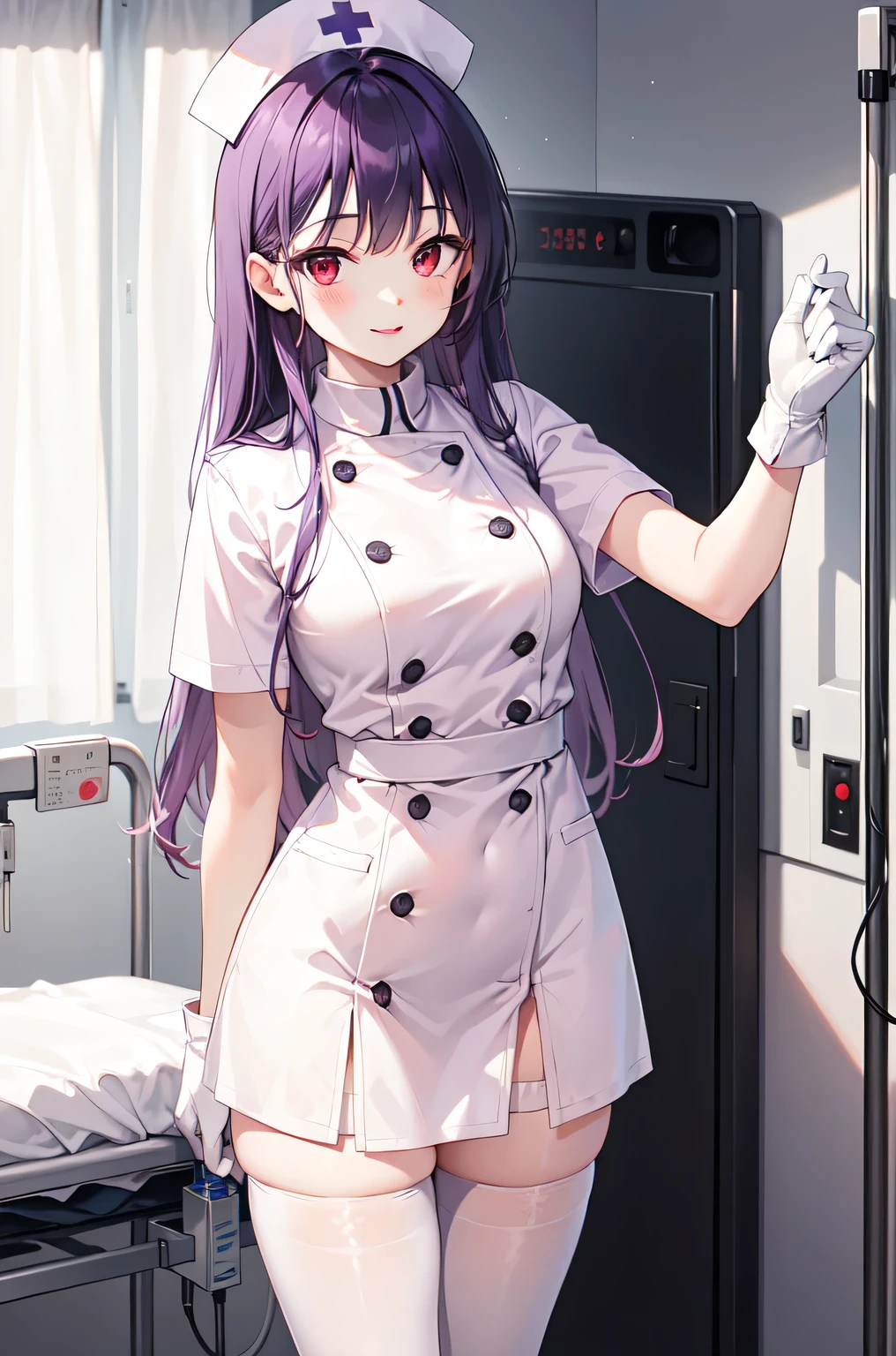 1woman, solo, nurse, white nurse cap, white nurse uniform, ((white legwear, zettai ryouiki)), white gloves, long hair, purple hair, red eyes, pink lips, smile, standing, ((hospital room)), sharp outline, short sleeves, mature female, 35 years old, best quality, masterpiece