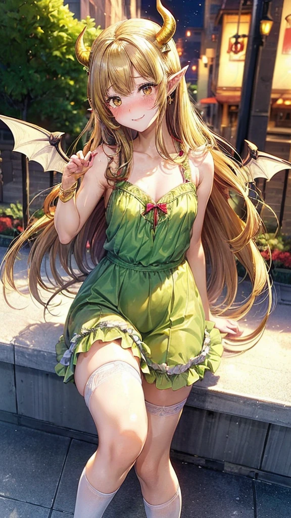 (Masterpiece, Best Quality, photograph-realistic), (Innocent Anime Demon Queen, Adorable, Cute, Lovely Young Lady), (Cheerful Expressions), (1 girl, demon queen), (small Perky Breasts, Figure), (Cute Revealing Sexy Sundress, Lime Green with Golden Trim), (Loose Fitting, Short Hemline), (Walking, Lakeside), (Fishnet Stockings, Golden Heels), (Wings, Devilish Tail), (Shy and Blushing Demon Girl), (Embarrassed, Blushing Cheeks), (Golden Eyes, Pointed Ears), (