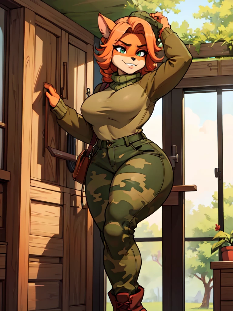 (best quality,4k,8k,highres,masterpiece:1.2),ultra-detailed,realistic:1.37,portrait, sancy anthro bandicoot girl redhead, braided hair, beautiful green eyes, sexy ,seductive, warm sweater, beanie-balaclava, camouflage pants, army boots, smirking, cozy lighting, vibrant colors ,girl anthro , sweater, beanie-balaclava, camouflage pants, army boots, hants to pants zip up