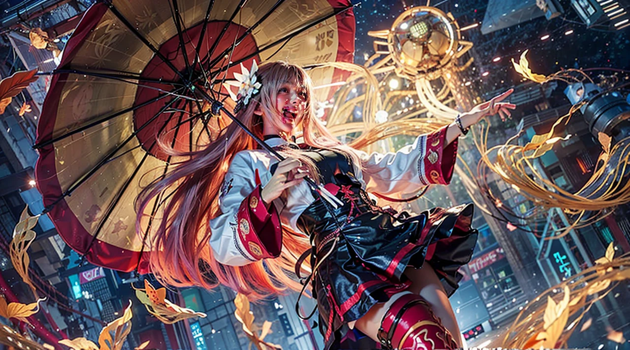(masterpiece), best quality, ultra high res, close up, slim body, 1girl,, long hair, laughing, ramen, night, Tokyo restaurant background, colorful lights, photon mapping, radiosity, physically-based rendering, cinematic lighting, intricate, High Detail, Sharp focus, dramatic, photorealistic