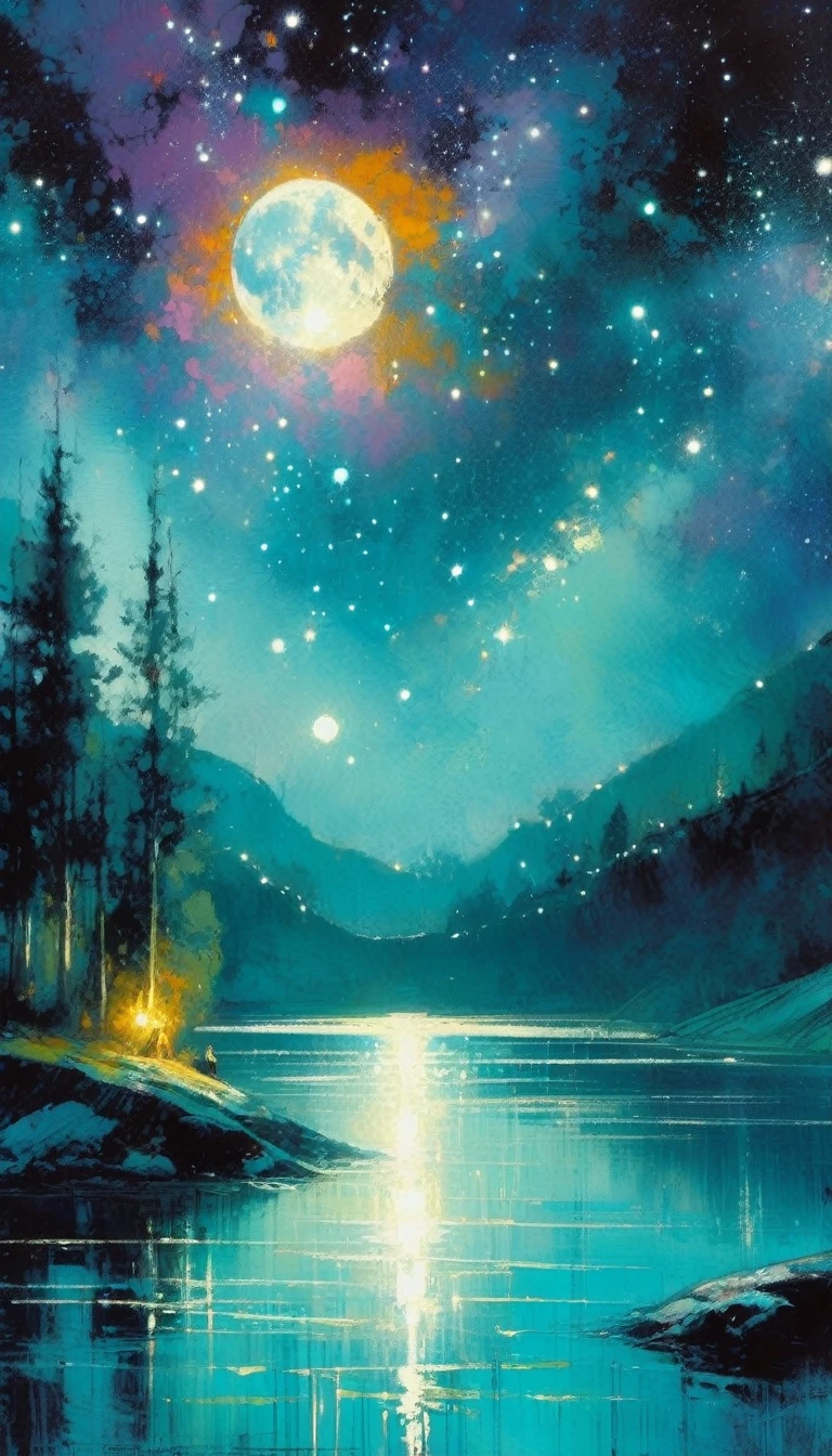 beautiful lake, magic, fantastic, night sky, moon, stars, background (art inspired by Bill Sienkiewicz). oil painting)