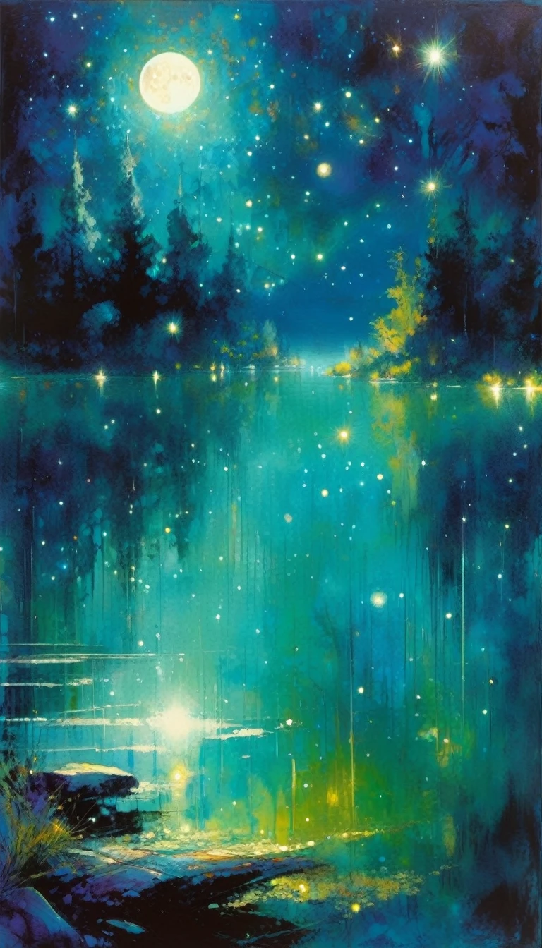 beautiful lake, magic, fantastic, night sky, moon, stars, background (art inspired by Bill Sienkiewicz). oil painting)