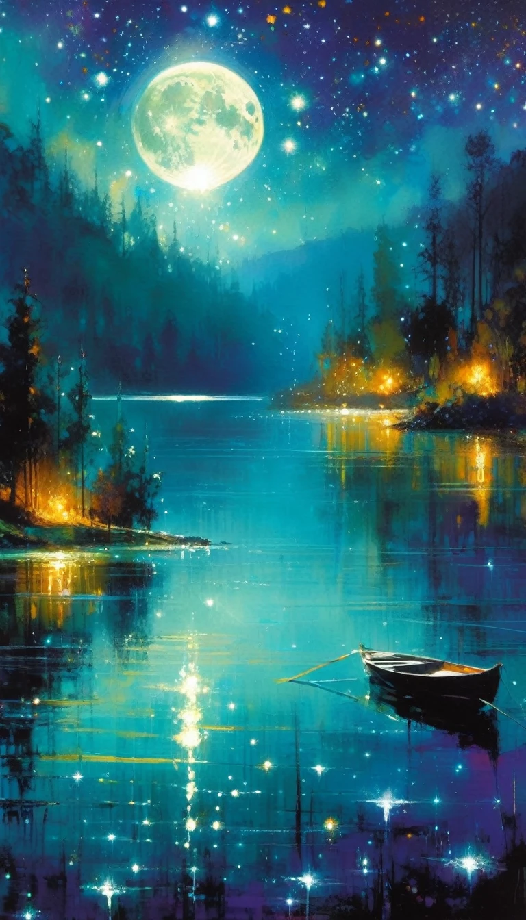 beautiful lake, magic, fantastic, night sky, moon, stars, background (art inspired by Bill Sienkiewicz). oil painting)
